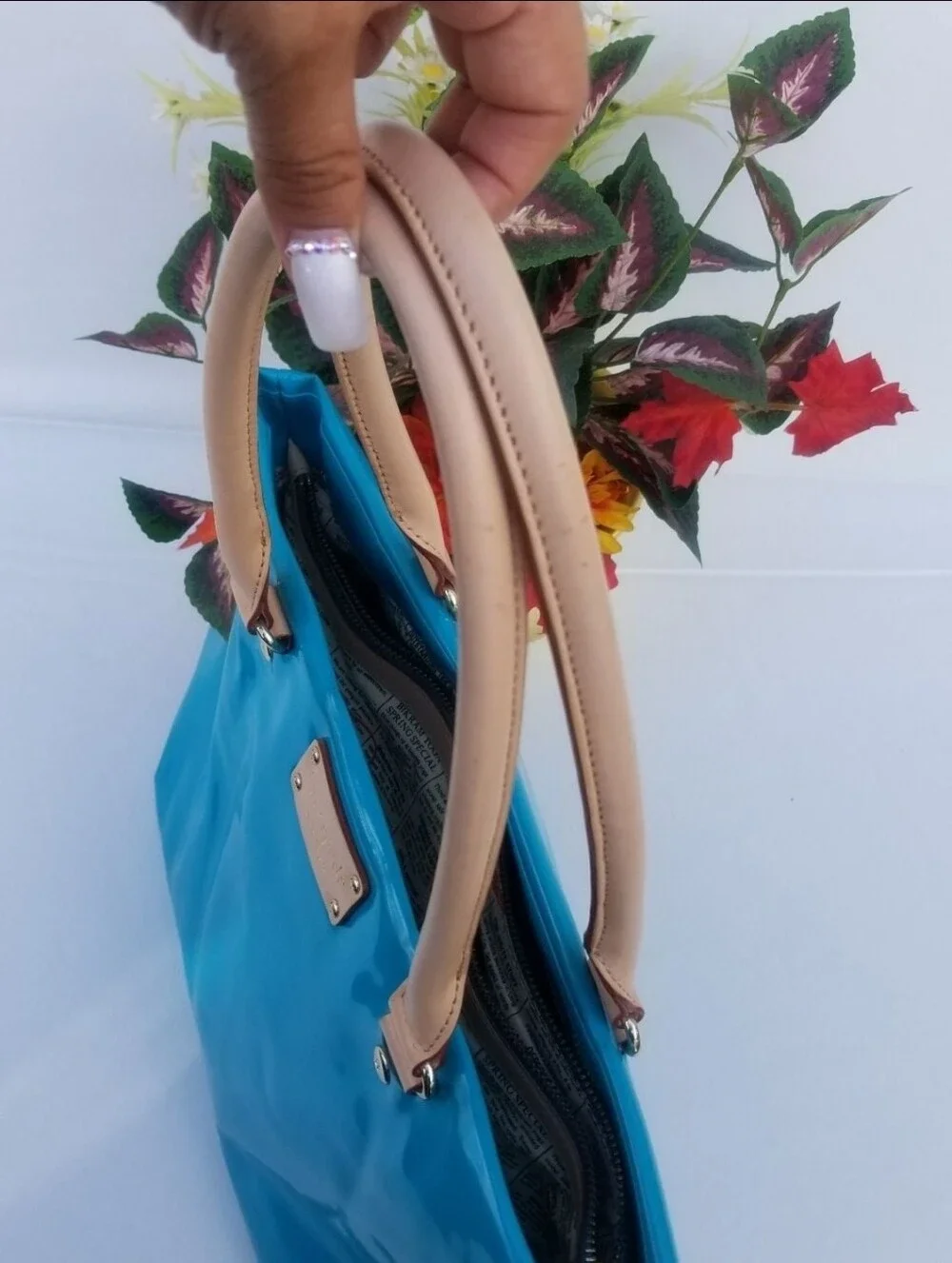 Kate Spade Turquoise Patent Tote Bag Beige Handles Fair Condition